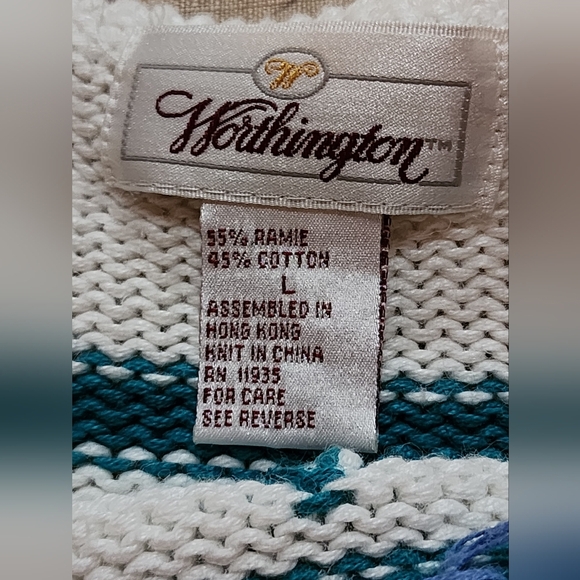 Vintage Worthington 80s Floral Knit Sweater L Bold Blue Geometric Pullover - Picture 6 of 7